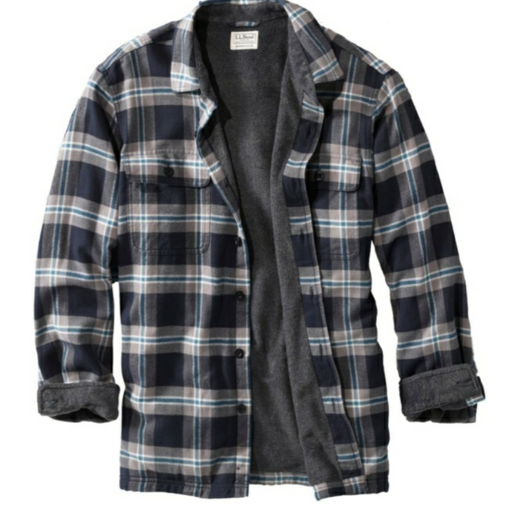 L.L. Bean Men's Plaid Flannel Jacket Shacket Fleece Lined Check Sz M